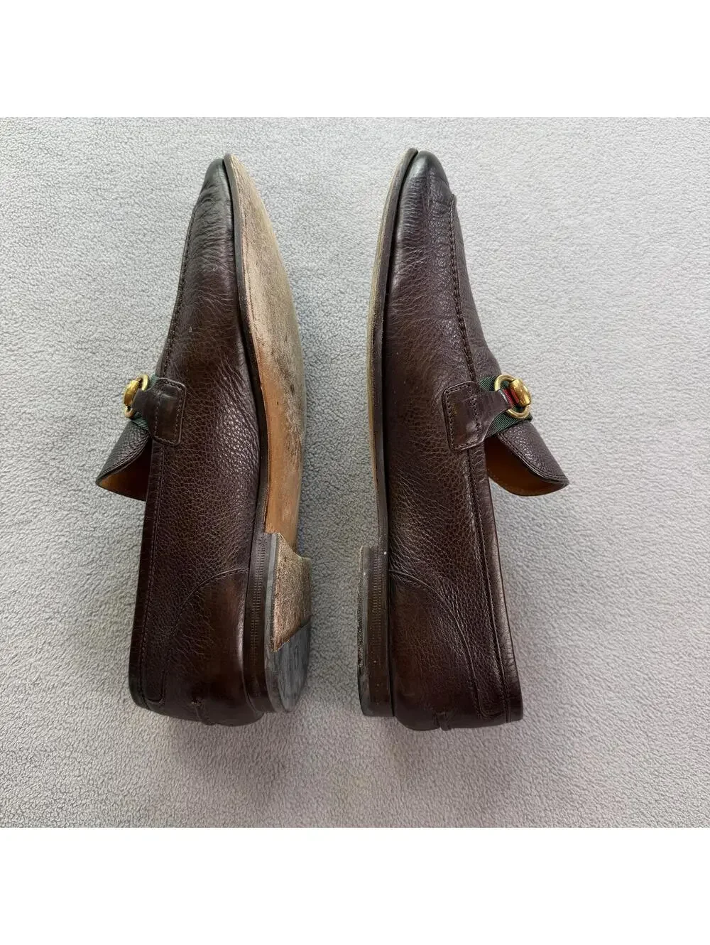 Gucci Horsebit Web Stripe Brown Pebbled Leather Loafers Mens US 7 Made in Italy